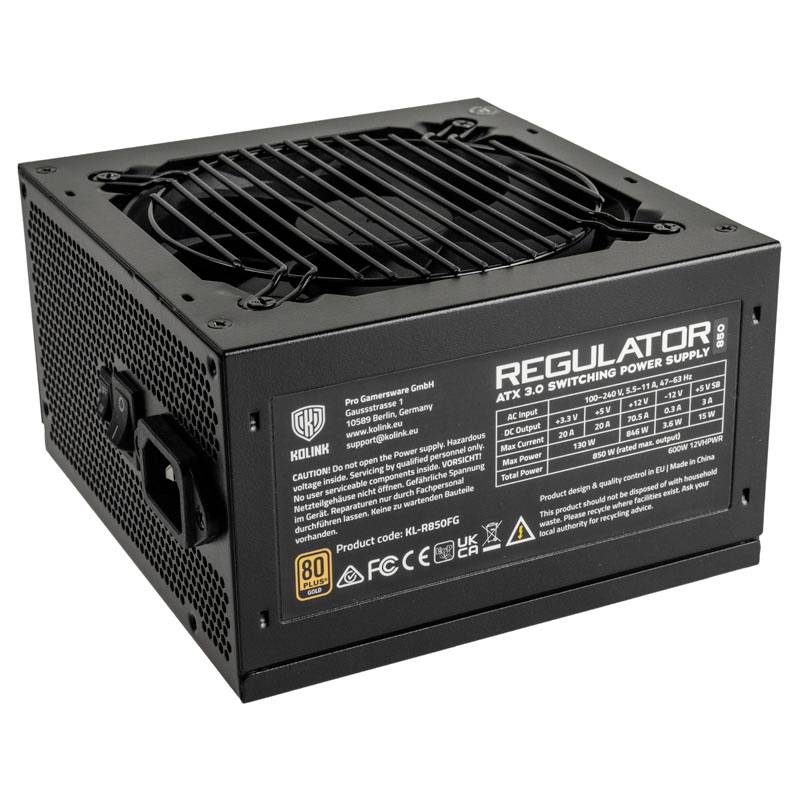Zwarte ATX 3.0 voeding 'Regulator' van Kolink met ventilator en specificaties op de zijkant. 80 Plus Gold certificering.
