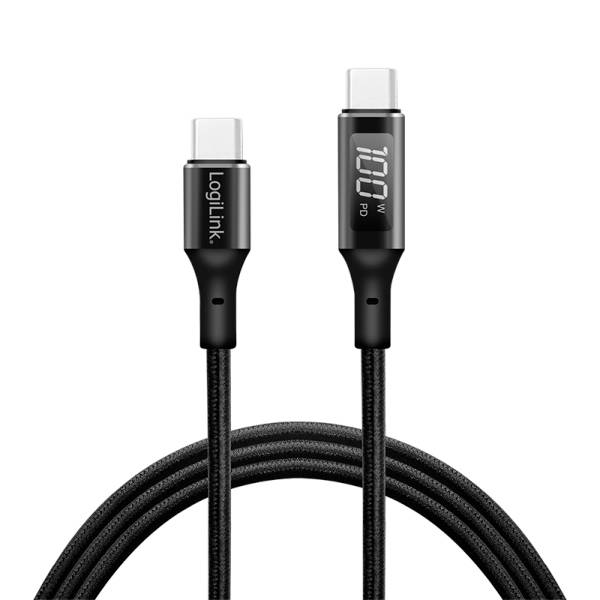 Zwart USB-C-laadkabel van LogiLink met digitale display die '100 W' toont, symboliseert hoge laadcapaciteit.