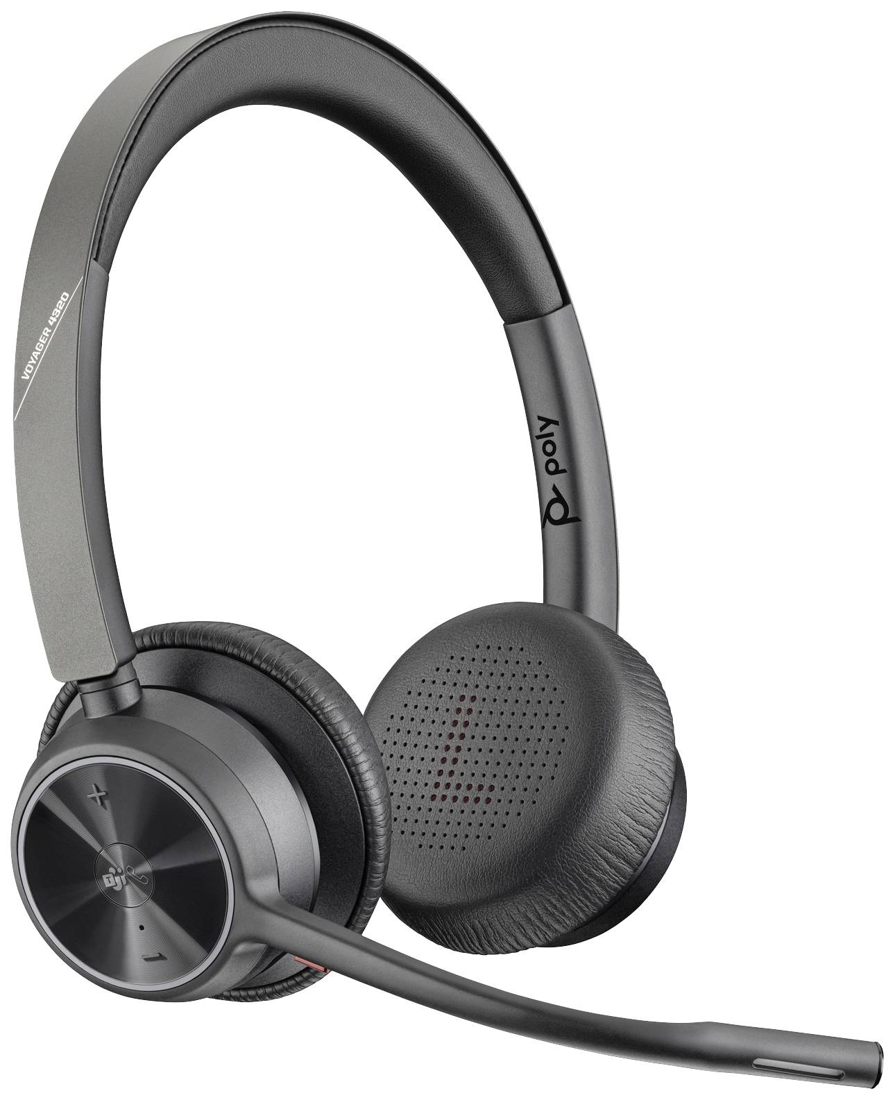 Draadloze headset in zwart met microfoonarm, gepolsterde oorkussens en bedieningselementen aan één kant.