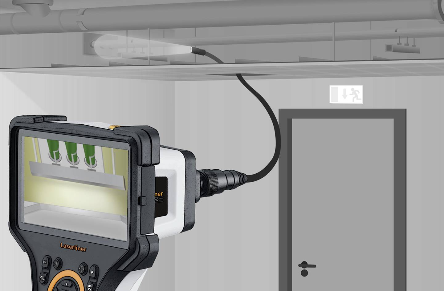 Een inspectieapparaat met camera toont pijpen achter een plafond. Het wordt gebruikt voor het controleren van verborgen installaties.