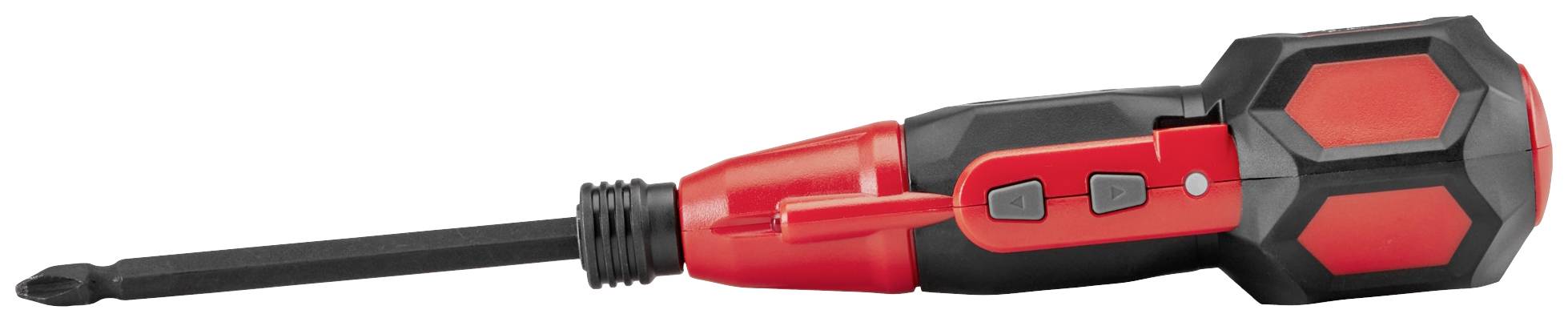 Een rode en zwarte automatische schroevendraaier met een ergonomische handgreep en een schakelaar in het midden die kan worden omgezet.