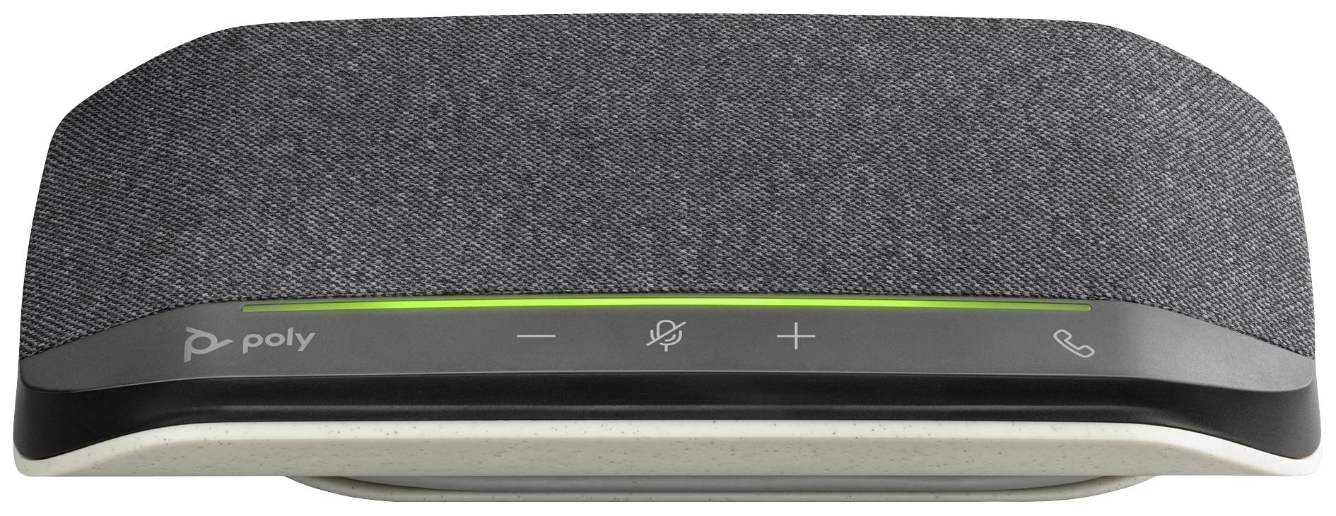 Een grijze Bluetooth-luidspreker met LED-display en bedieningsknoppen voor volume en oproepbeheer, geschikt voor vergaderruimtes.