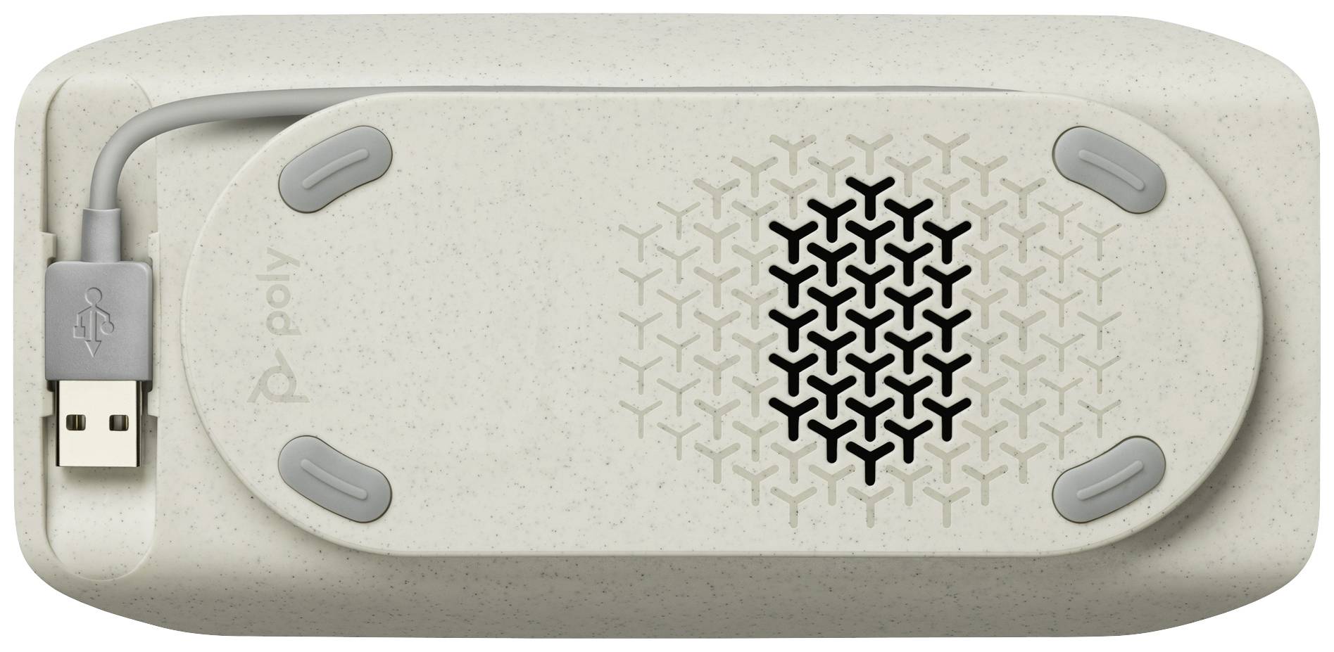Een draagbare luidspreker van bovenaf gezien, met een USB-kabel aan de zijkant. Het oppervlak is beige met een ventilatieroosterpatroon.