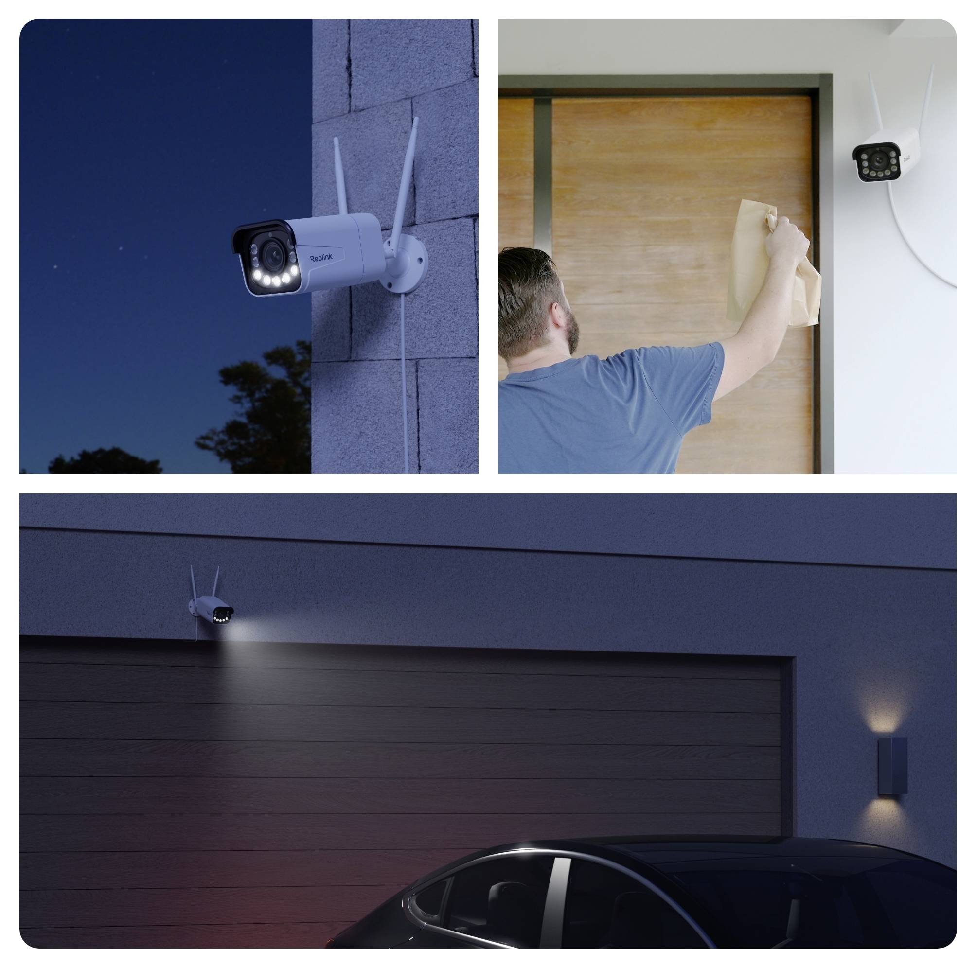 'Drie-panelen afbeelding: Linksboven: Beveiligingscamera aan een muur 's nachts. Rechtsboven: Persoon die een camera op een deurkozijn installeert. Onderin: Camera boven een garagedeur die het gebied verlicht.'