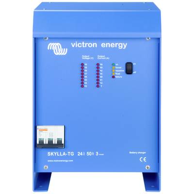Een blauwe Victron Energy-Skylla-TG-batterijlader met displays voor uitgangsspanning en -stroom, schakelaars en labels.