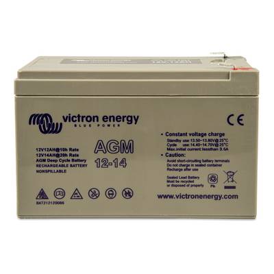 'Accu van Victron Energy, model AGM 12-14, met technische specificaties en veiligheidswaarschuwingen op het etiket.'