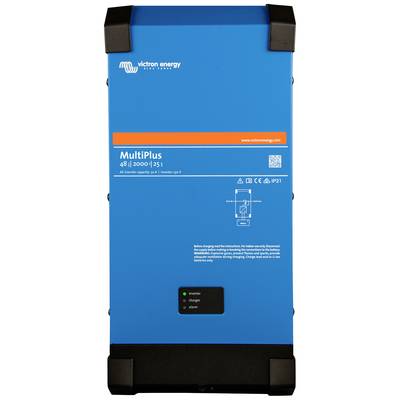 Blauw batterijlader van Victron Energy, model MultiPlus 48V/2000VA/25A, met indicatielampjes voor verschillende bedrijfstoestanden.