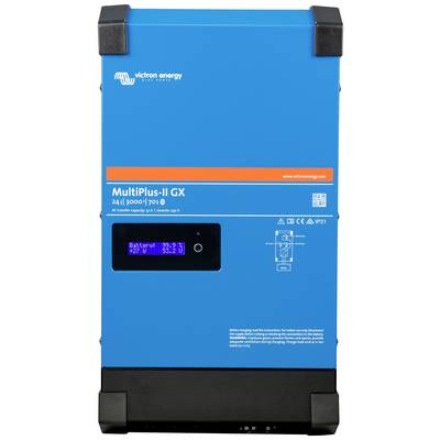 Een blauwe Victron Energy MultiPlus-II GX omvormer met display toont spanning- en stroomwaarden.
