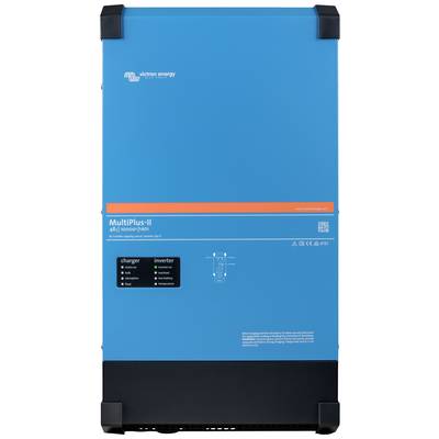 Blauw apparaat met bovenaan het 'Victron Energy'-logo. Onderaan de tekst 'MultiPlus-II'. Het zou kunnen gaan om een omvormer of acculader.