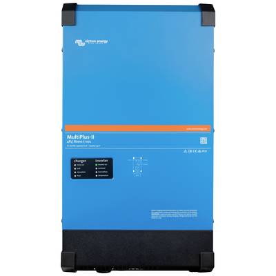 Een blauw elektrisch apparaat met het opschrift 'MultiPlus-II'. Het toont symbolen voor 'charger' en 'inverter' evenals technische specificaties.