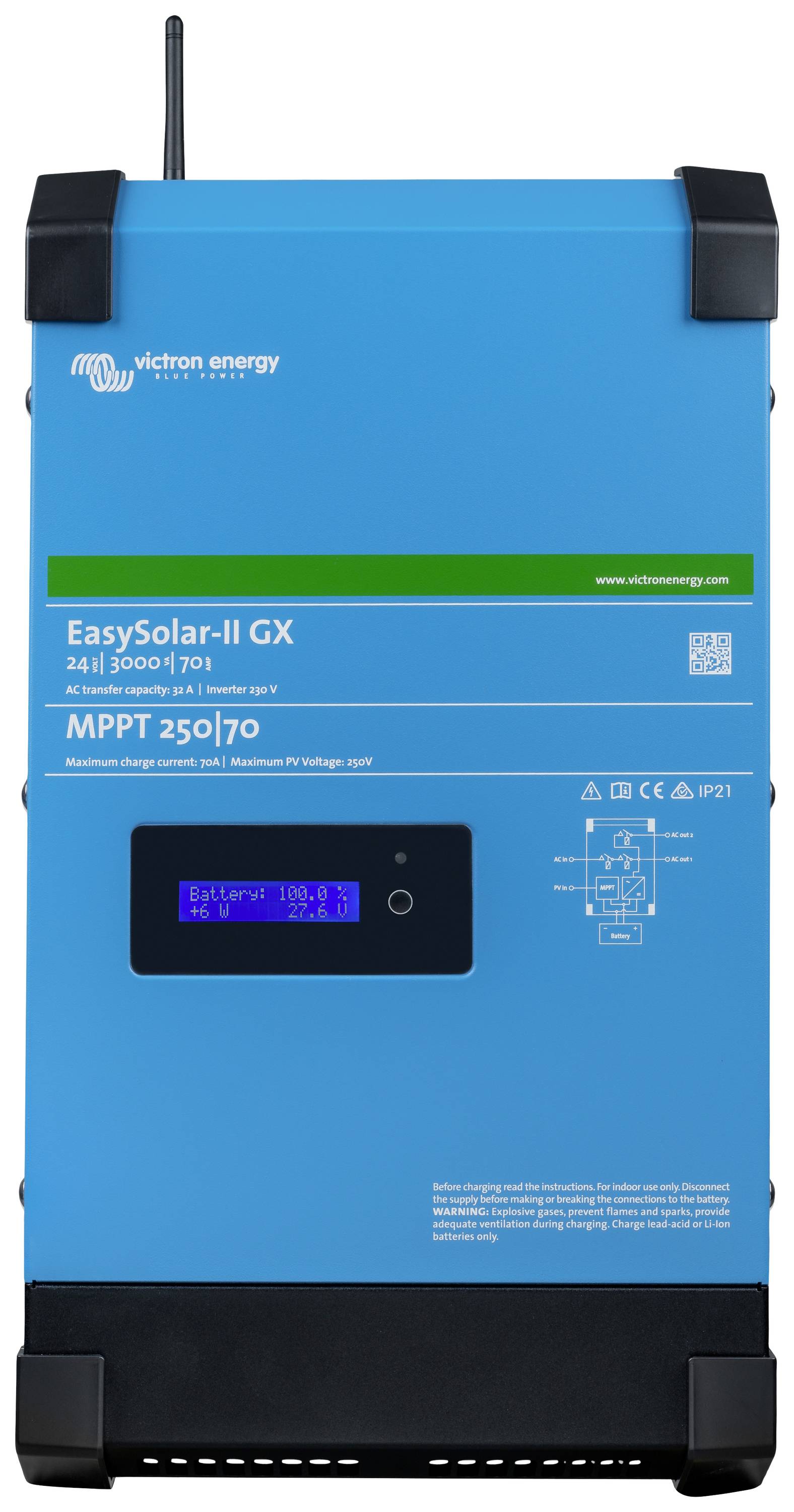 Een blauwe EasySolar-II GX omvormer van Victron Energy met een digitaal display dat actuele prestatie-informatie weergeeft.