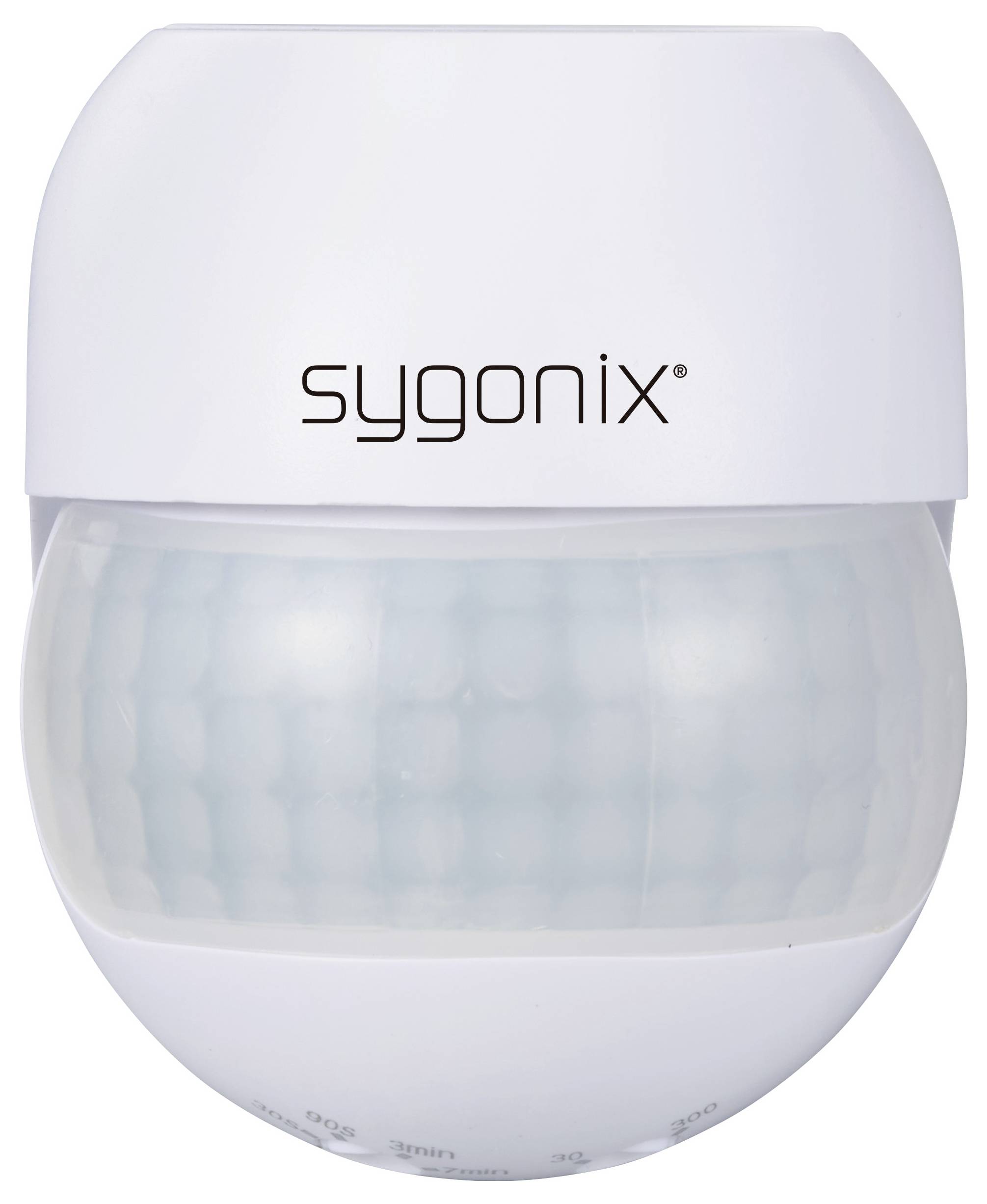 Bewegingsmelder in een wit behuizing met het opschrift 'Sygnonix'.