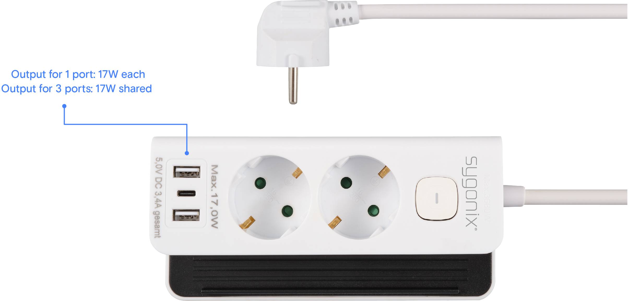Witte stekkerdoos met twee stopcontacten en drie USB-poorten. Opschrift vermeldt: 'Uitvoer voor 1 poort: 17W, voor 3 poorten: 17W gedeeld'.