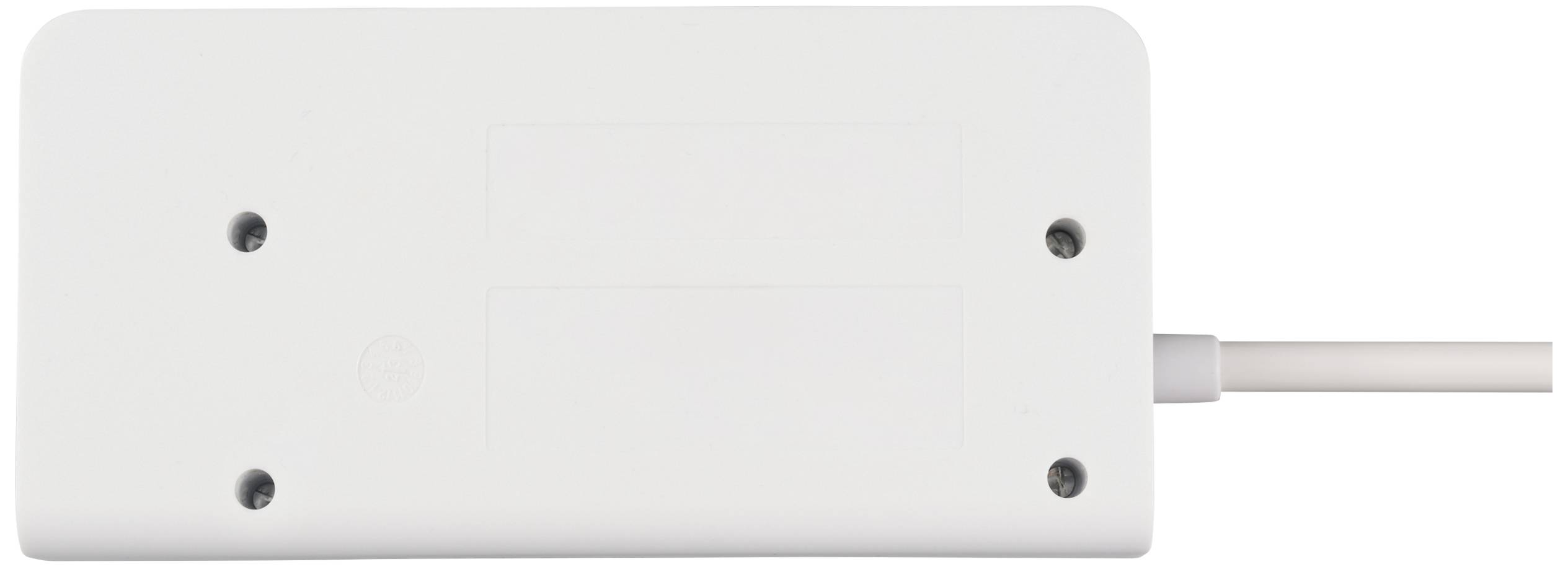 Een rechthoekige, witte elektrische adapter met een daaraan bevestigd kabel, vermoedelijk geschikt voor stroomvoorziening.
