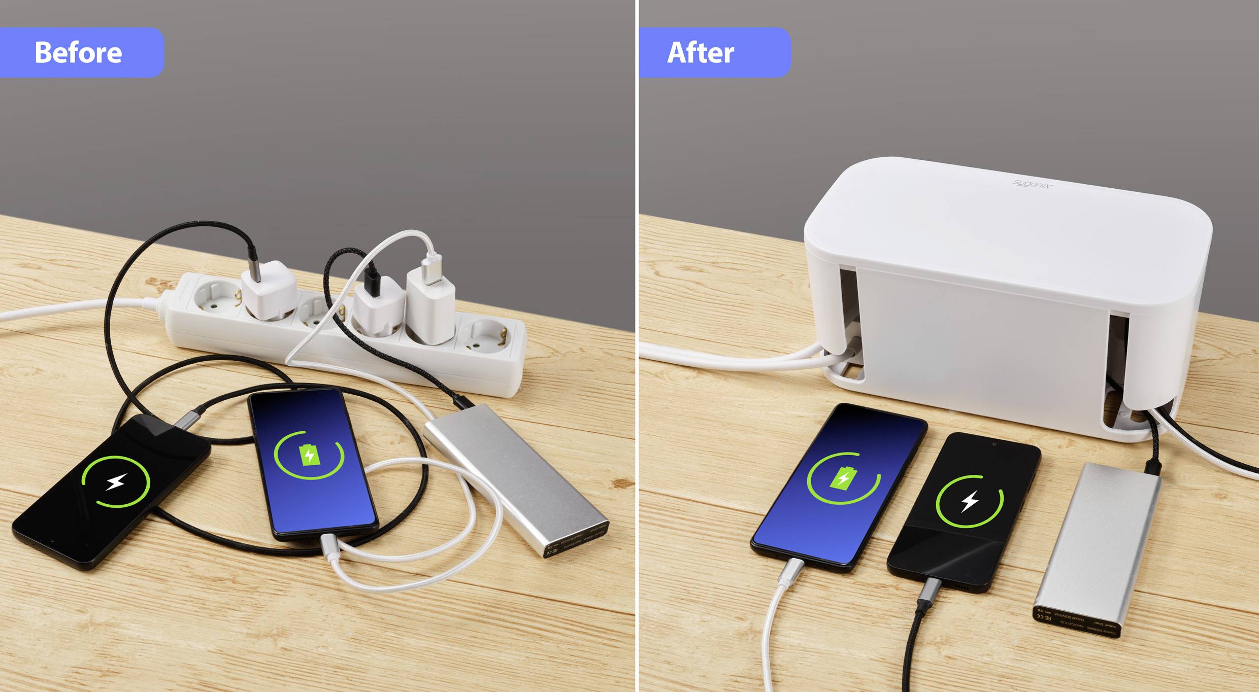 Voorheen: Wanorde met meerdere apparaten en kabels bij een stopcontact. Nadien: Nette kabelbox met dezelfde apparaten netjes opgeborgen.