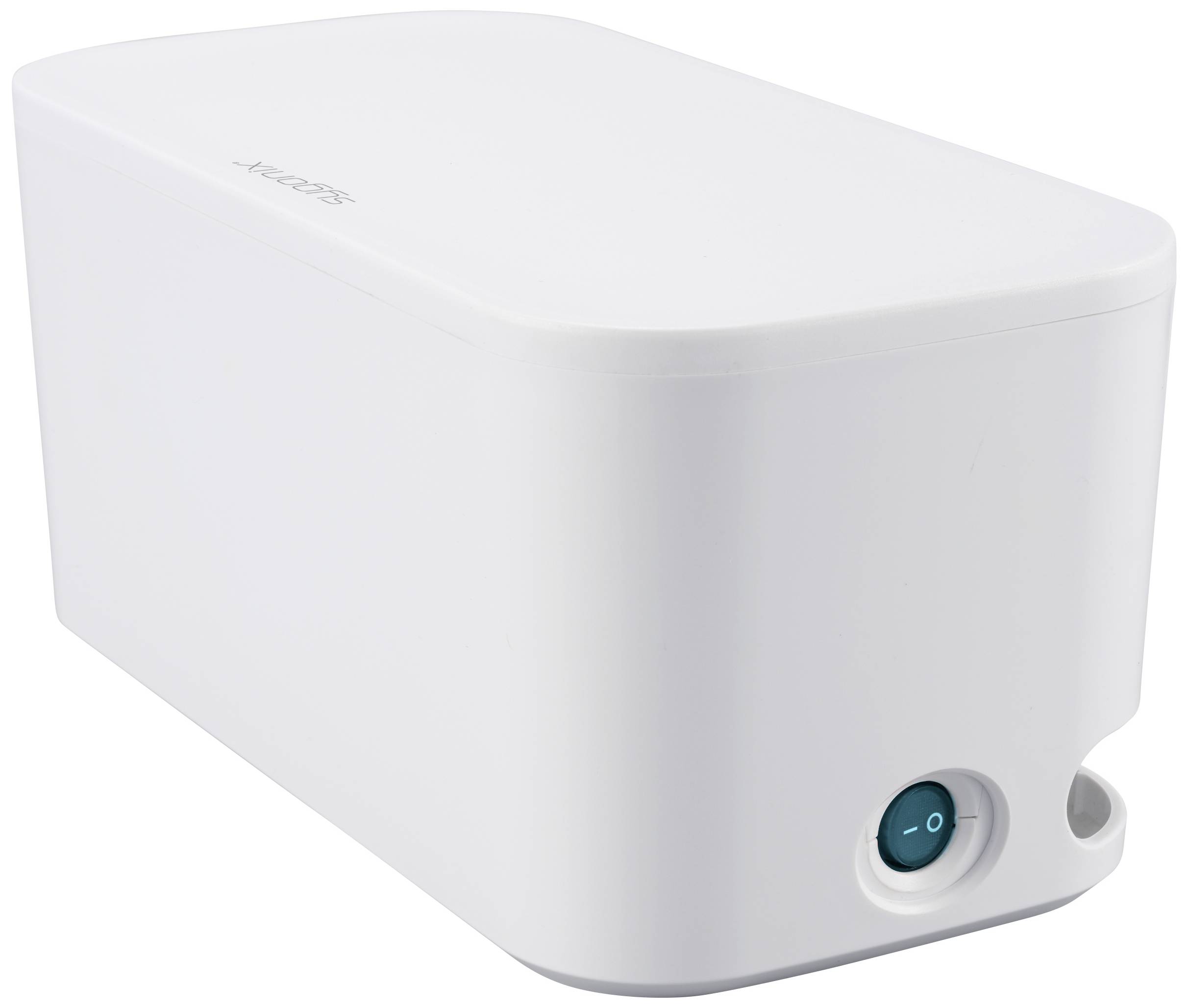 Een witte kabelbox met afgeronde hoeken en een blauwe drukknop aan de zijkant voor kabelorganisatie.