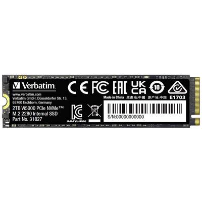 'Verbatim 2TB VI5000 PCIe NVMe M.2 2280 Internal SSD, Artikelnummer 31827.' Zwart opslagapparaat met technische informatie op het etiket.