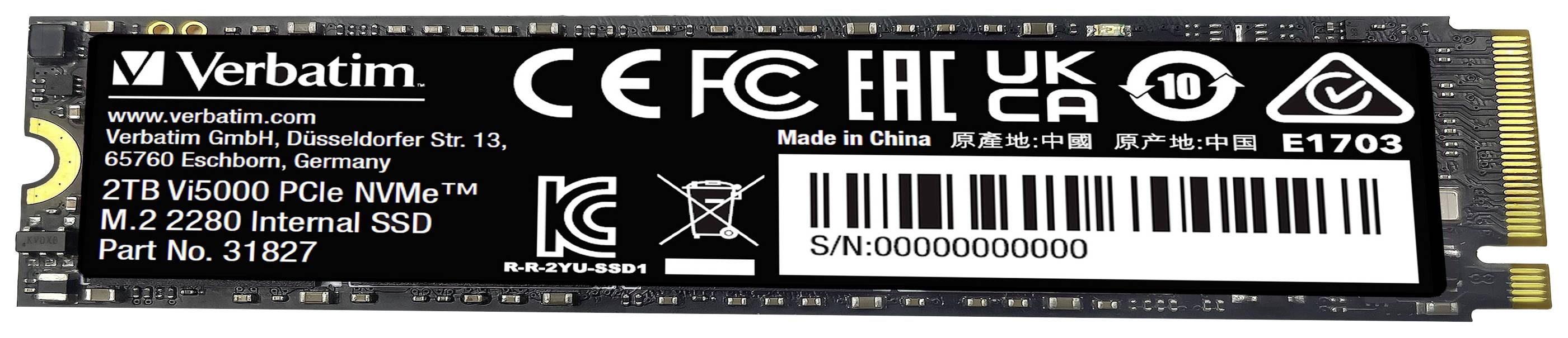 Een Verbatim M.2 2280 interne SSD met 2TB capaciteit, modelnummer Vi5000, PCIe NVMe, voorzien van CE- en UKCA-markering.