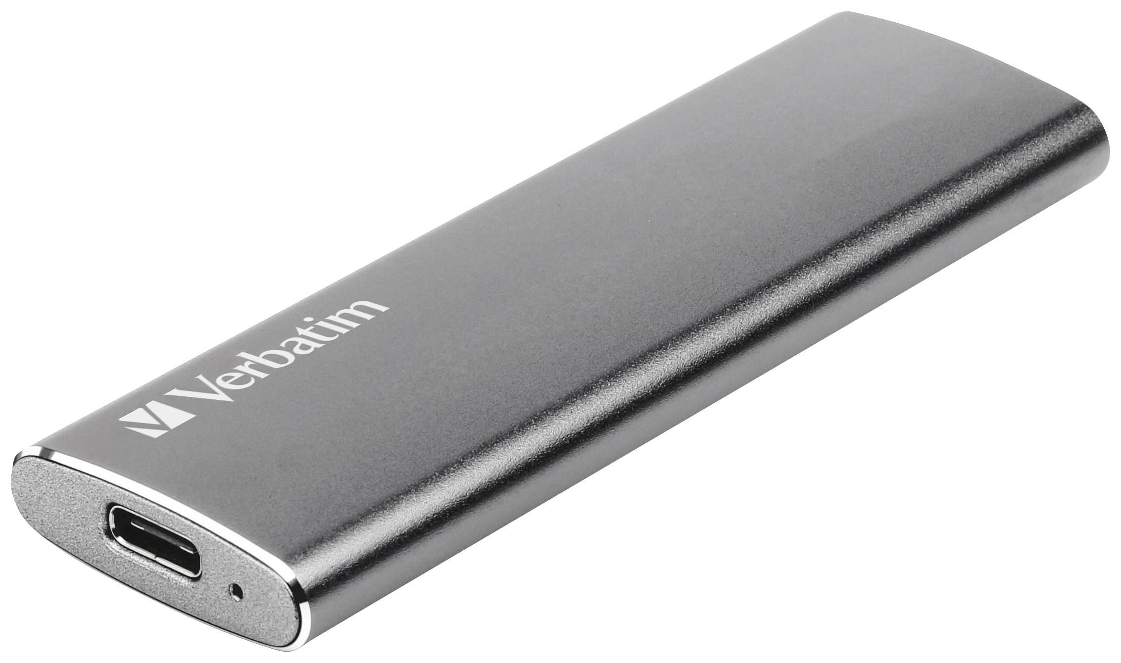 Slanke, zilveren externe SSD-opslag met USB-C-aansluiting, waarbij het 'Verbatim'-logo zichtbaar is. Ideaal voor snelle gegevensoverdracht.