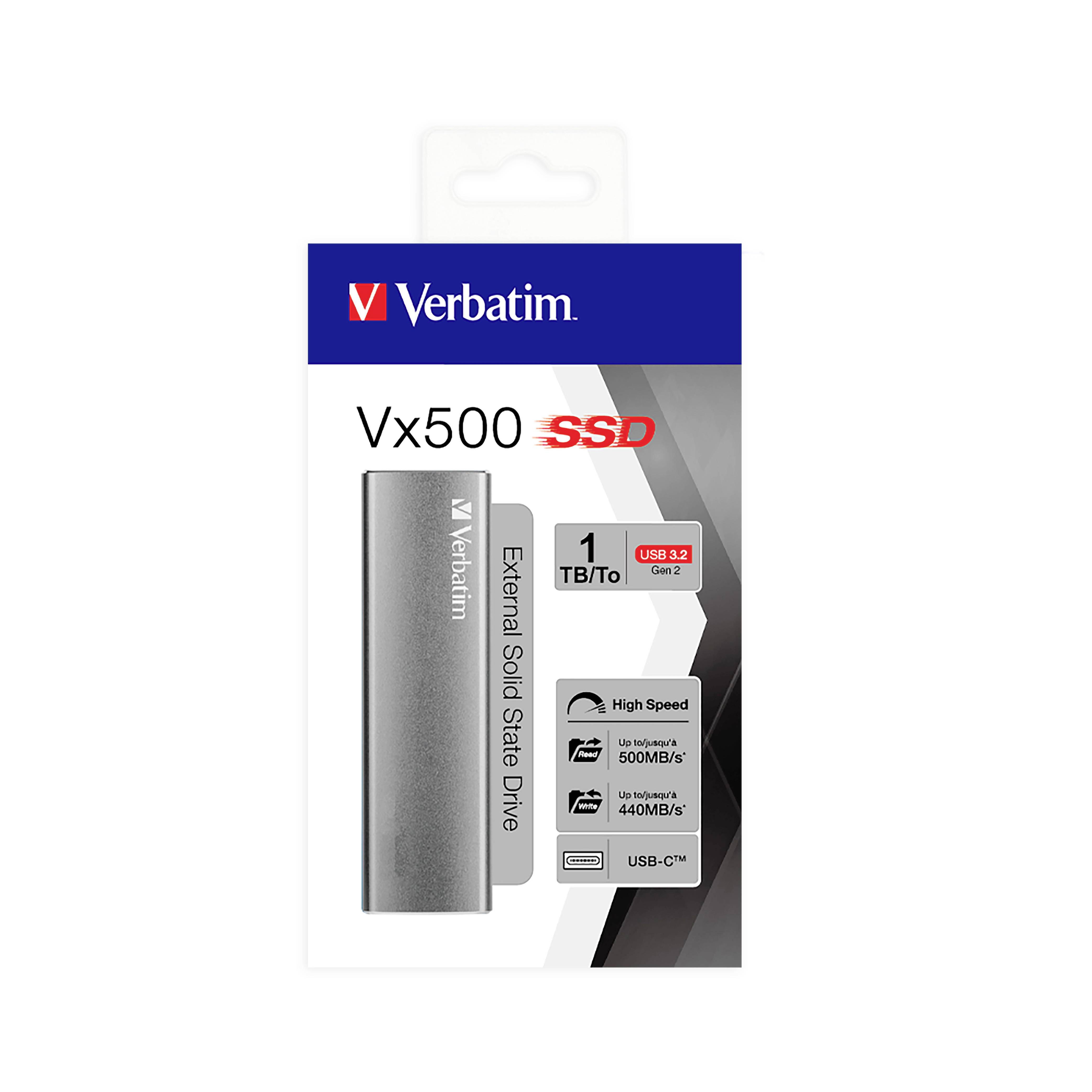 Externe SSD van Verbatim, model Vx500, 1 TB, USB 3.2 Gen 2. Verpakking toont productafbeelding en belangrijkste kenmerken zoals hoge snelheid.