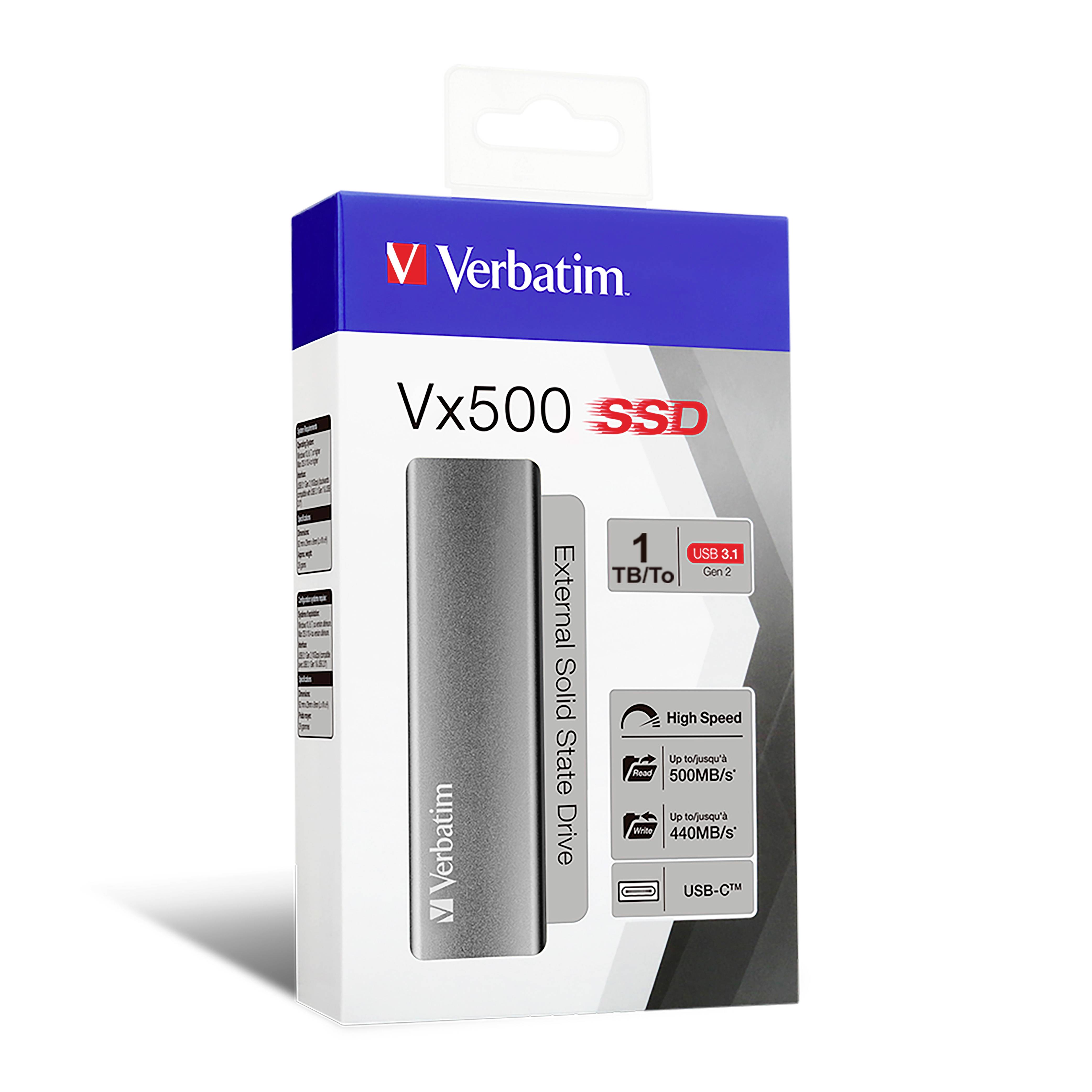 'Verbatim Vx500 SSD', externe SSD-harde schijf, 1 TB, USB 3.1, snelle overdrachtssnelheid: 500 MB/s lezen, 440 MB/s schrijven.