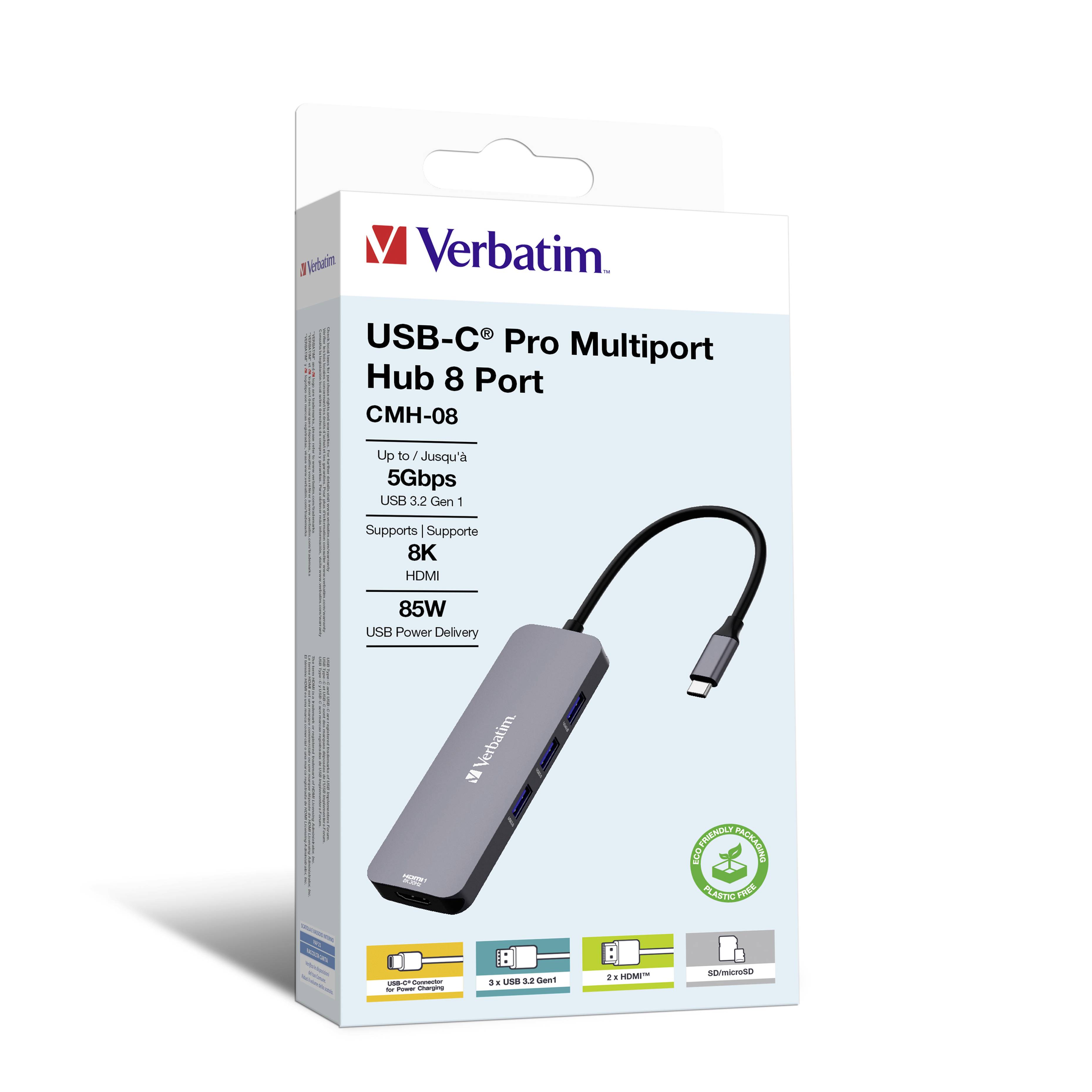 Verbatim USB-C Pro multipoort hub CMH-08, 8 poorten, 3x USB 3.2-A, USB 3.2-C, 2x HDMI 4K, SD, microSD, USB 3.1-C kabel-8
