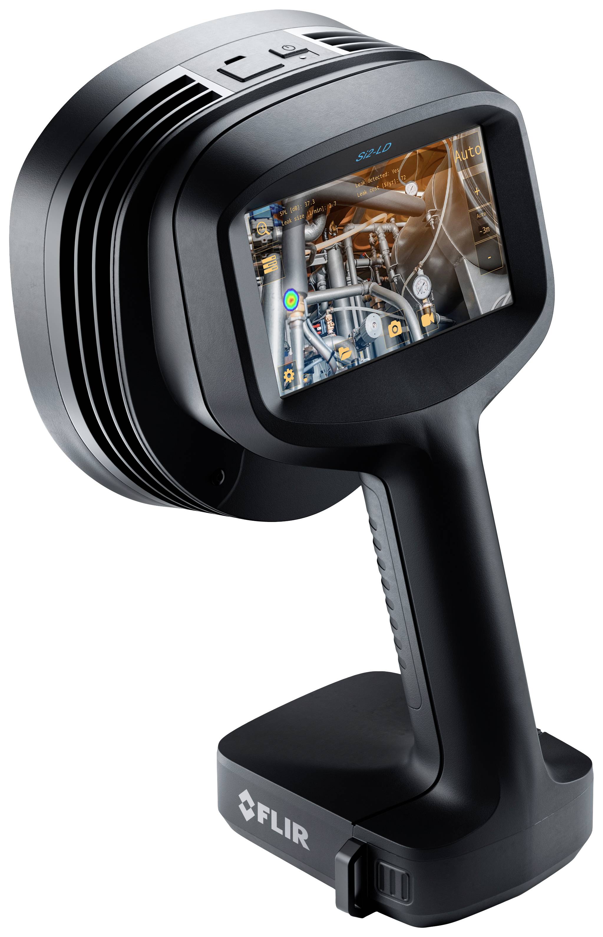 Handapparaat met scherm toont warmtebeeldopname van een machinekamer, diagnostische toepassing van infraroodtechnologie.