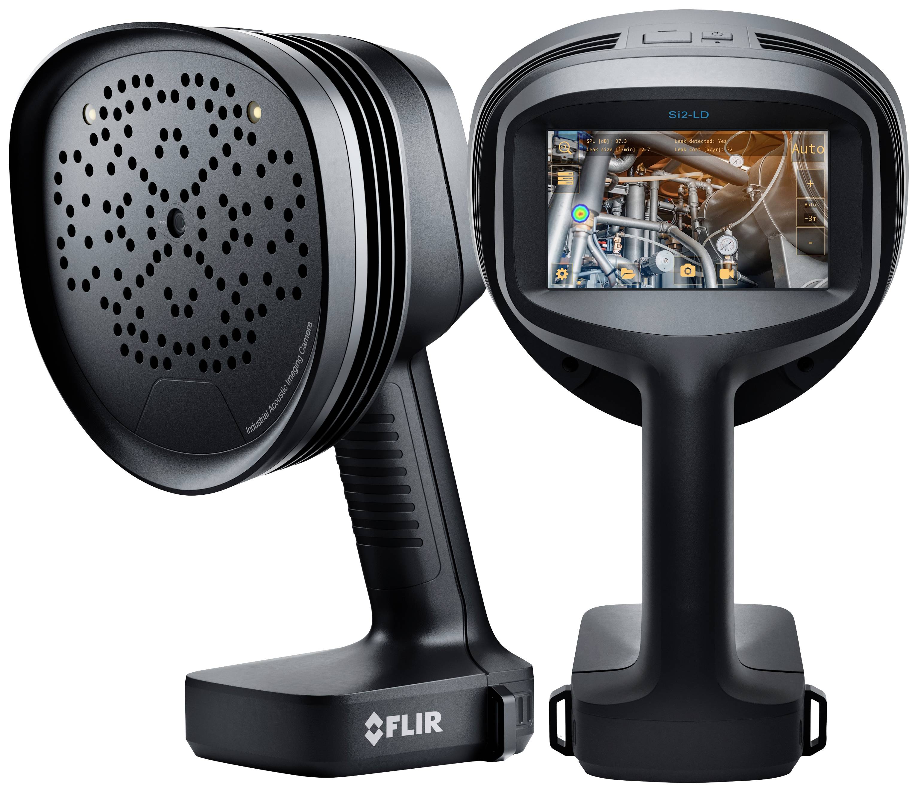 Twee zwarte, handgehouden apparaten met een scherm. Linker apparaat toont ventilatieopeningen, rechter apparaat toont thermografische weergave van een motor.