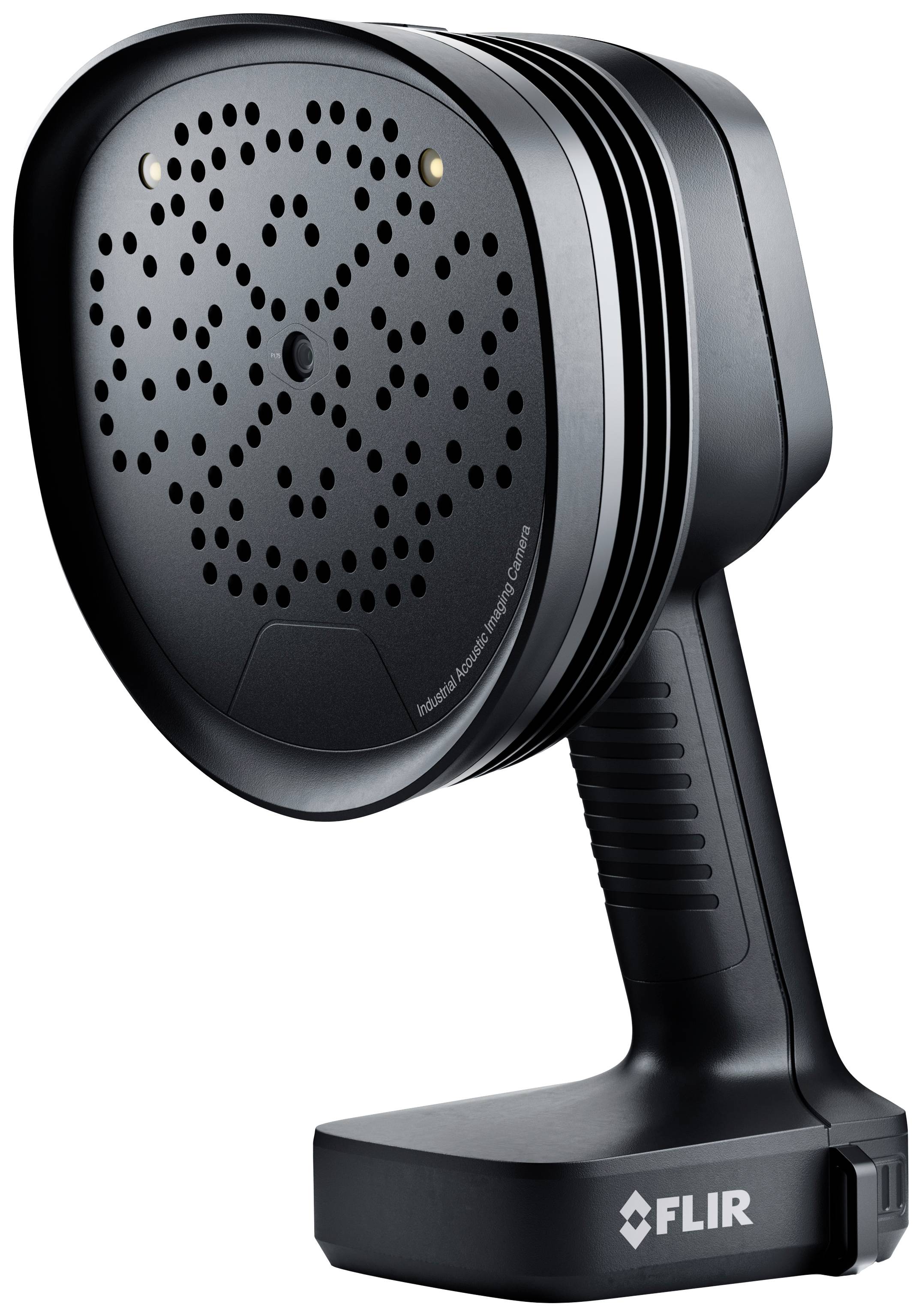 Een zwarte 3D-scannercamera met een gestructureerd patroon aan de voorkant en een ergonomische handgreep. Model van FLIR.