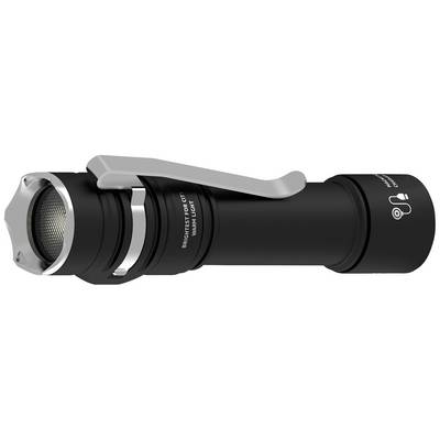 Zwarte zaklamp met zilveren clip en geribbelde handgreep, opschrift 'BRIGHTEST FOR CITY WALK LIGHT', compact en modern ontworpen.