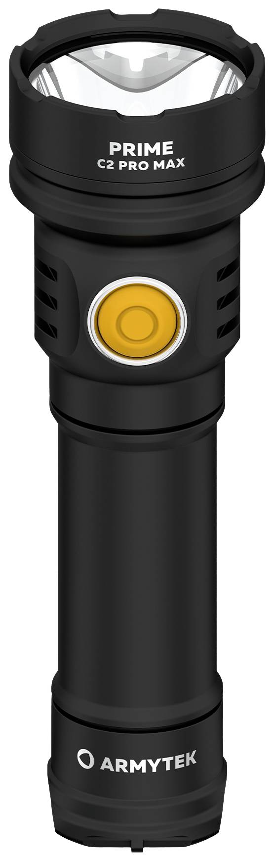 Een zwarte zaklamp met een oranje knop en het opschrift 'PRIME C2 PRO MAX' op de bovenkant.