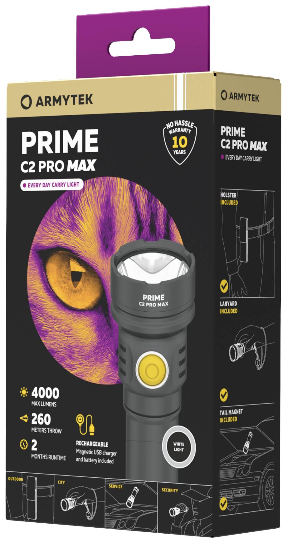 Verpakking van een zaklamp 'Prime C2 Pro Max' van Armytek. Eigenschappen: 4000 Lumen, 260 Meter bereik, USB-oplading, 10 jaar garantie.