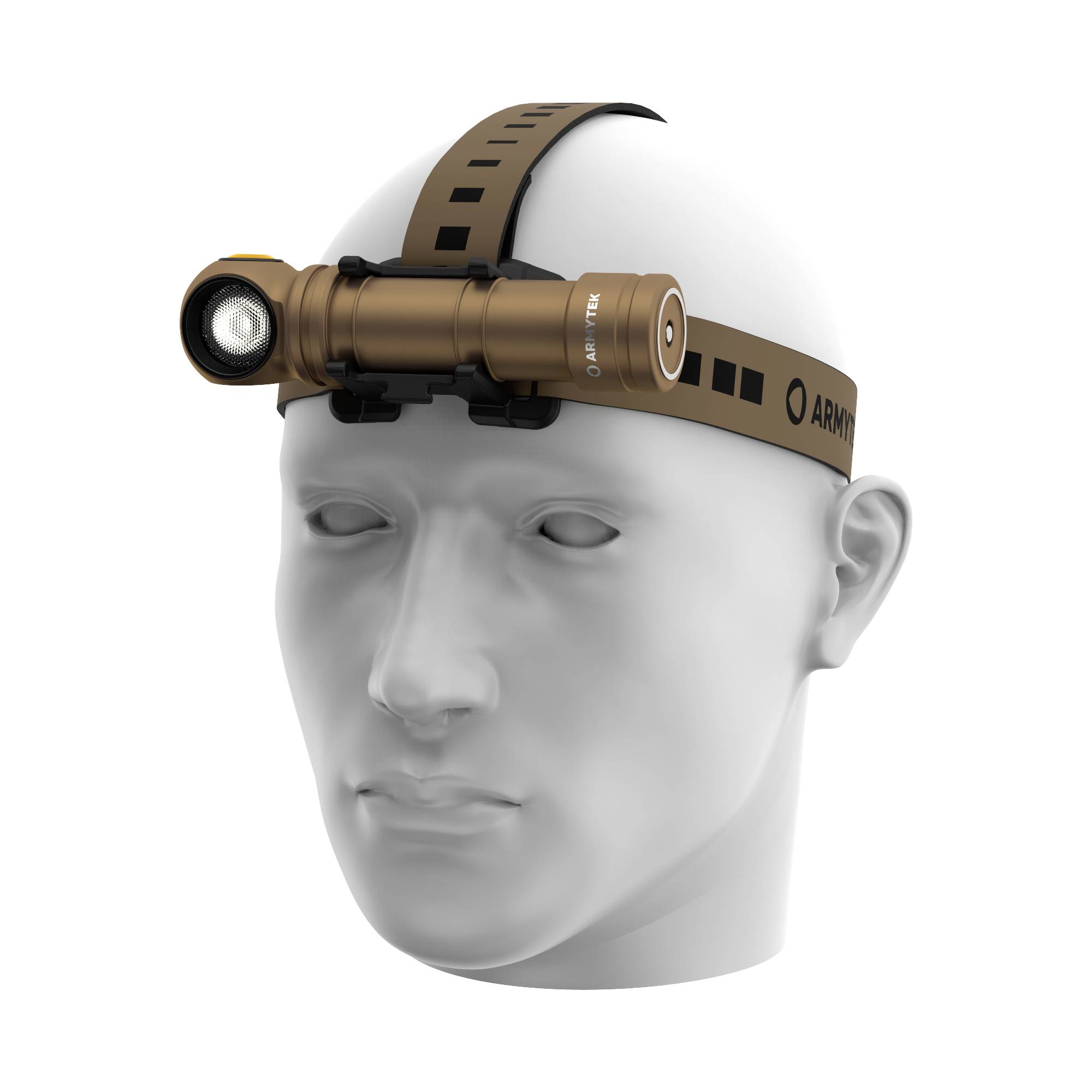 Een zaklamp is bevestigd aan een hoofdband die op een hoofdmodel zit. Het ontwerp is functioneel en praktisch voor activiteiten in het donker.