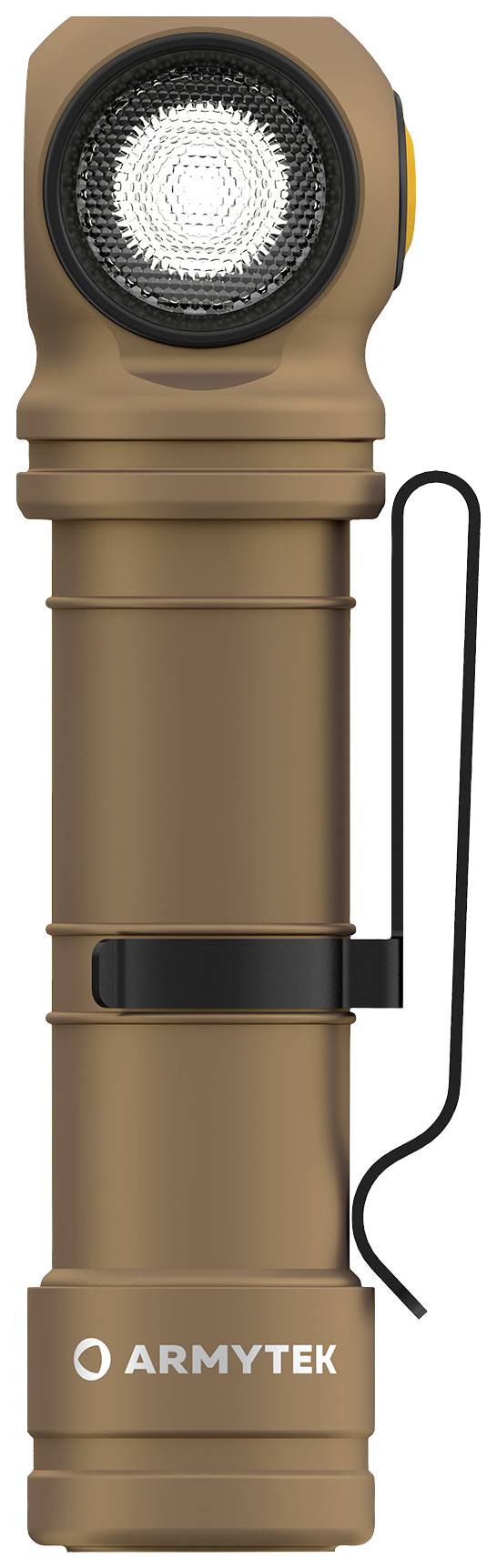 Bruine zaklamp met clip aan de zijkant, schijnt naar voren.