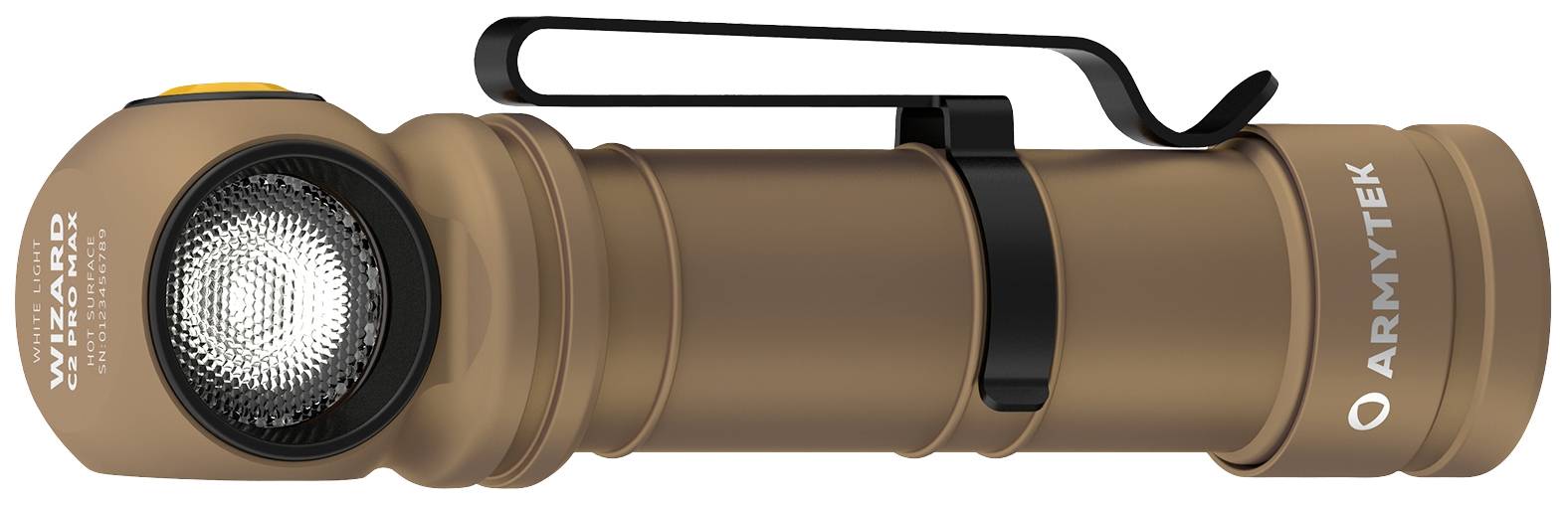 Een bruine zaklamp met rechthoekige clip en zijdelingse aan/uit-knop, gemarkeerd met 'ARMYTEK'.