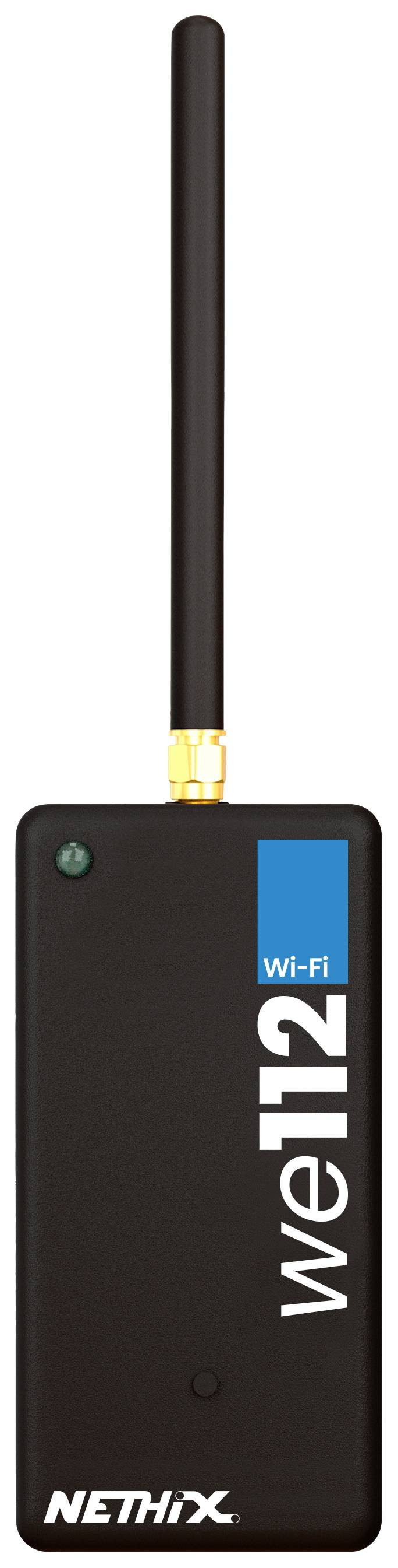 Een zwart Nethix WiFi-apparaat met antenne, model 'WE112'.