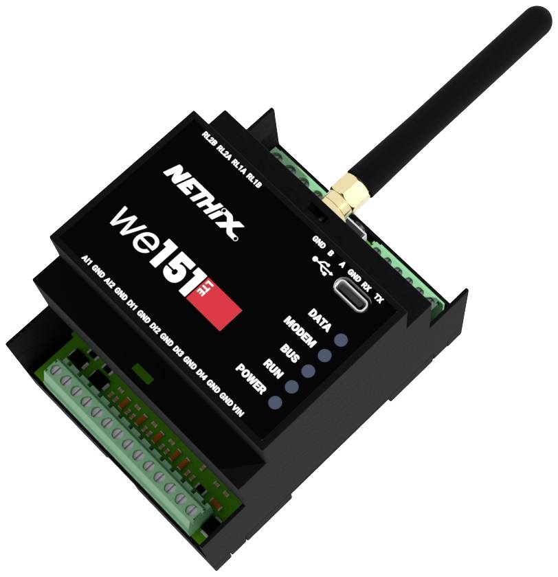 Een zwart, rechthoekig elektronisch apparaat met antenne, model 'We151 FT' van 'Nethix'. Het heeft displays voor Data, Modem, Bus, Run en Power.