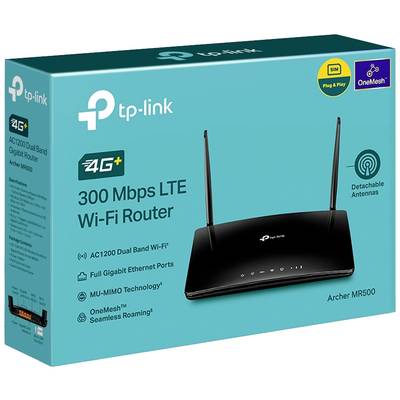TP-Link Archer MR500 4G+ LTE-router verpakking met verwijderbare antennes, gegevens over AC1200 Dual-band Wi-Fi, MU-MIMO, OneMesh en Gigabit-poorten.