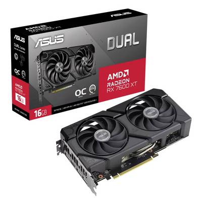ASUS Dual Radeon RX 7600 XT grafische kaart afgebeeld naast zijn verpakking. De kaart toont twee ventilatoren. Op de verpakking staat "16GB OC Edition".
