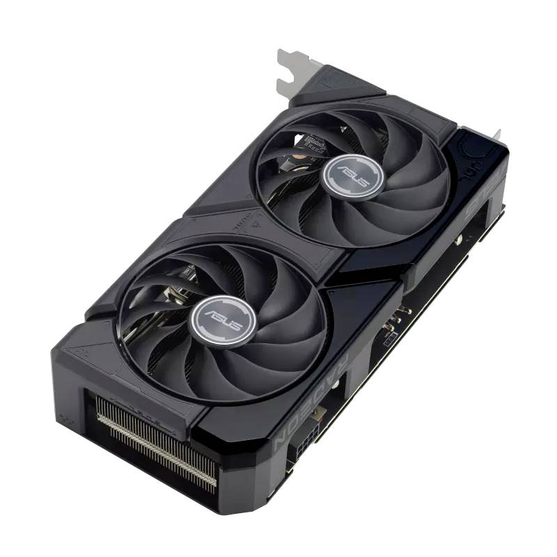 Videokaart met twee ventilatoren, zwarte behuizing, merk 'ASUS'. Optimaal voor veeleisende computergames en grafische toepassingen.