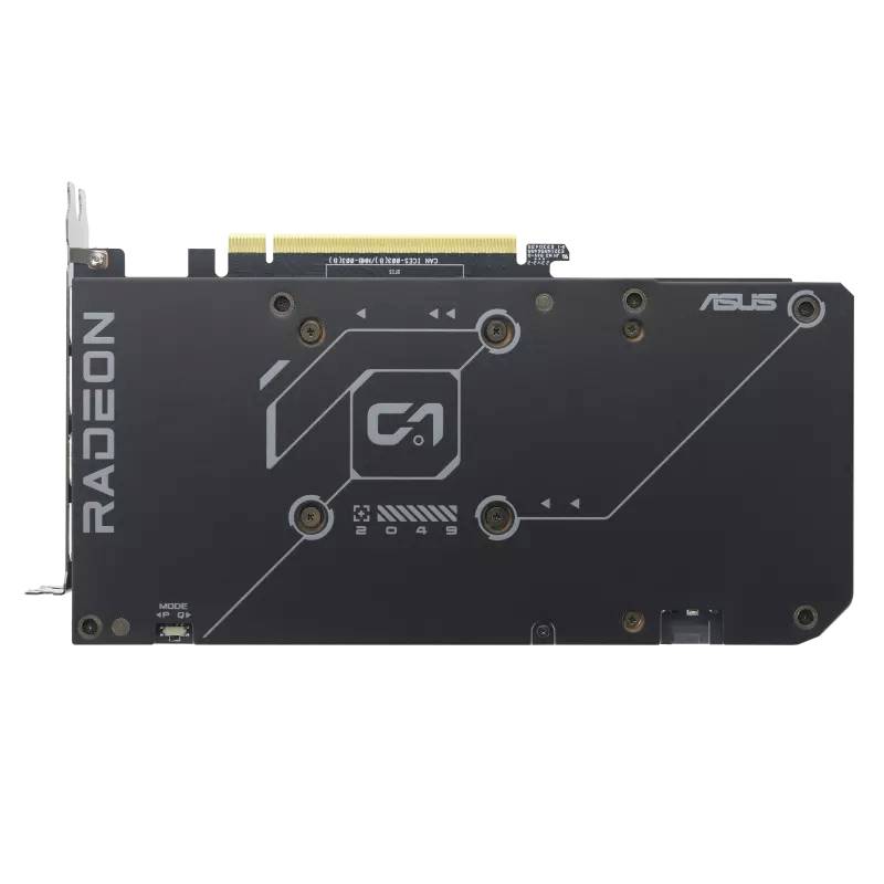 Een ASUS Radeon-videokaart met een zwarte koelbehuizing en een gele PCIe-aansluiting, gemarkeerd met logo's en printsporen. Hoofdcomponent van een computer.