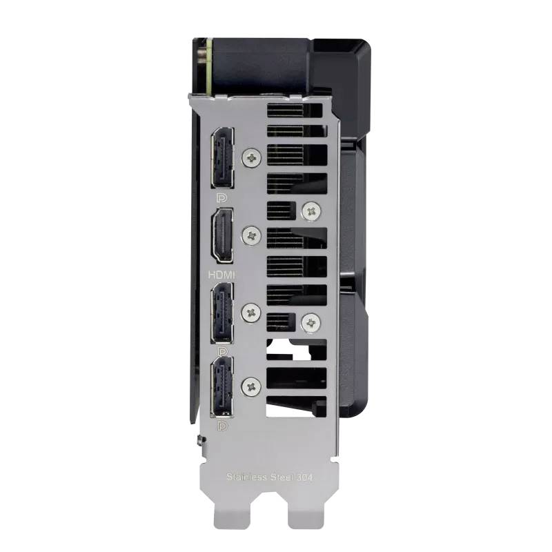 'Videokaart met drie DisplayPorts en een HDMI-aansluiting in verticaal aanzicht. Toont de aansluitingsmogelijkheden en ventilatiesleuven.'