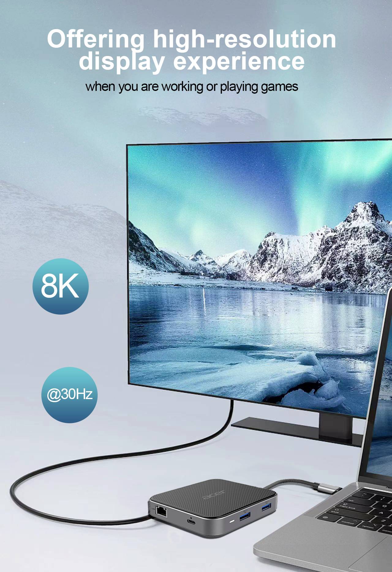 Een laptop is verbonden met een monitor die bergen en een meer weergeeft. Tekst: '8K @30Hz', ideaal voor werk en gaming.