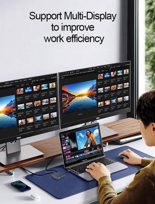 Een man werkt aan een bureau met een laptop en twee monitoren die meerdere beeldscherminhouden weergeven. Tekst: 'Ondersteun multi-display om de werkefficiëntie te verbeteren'.