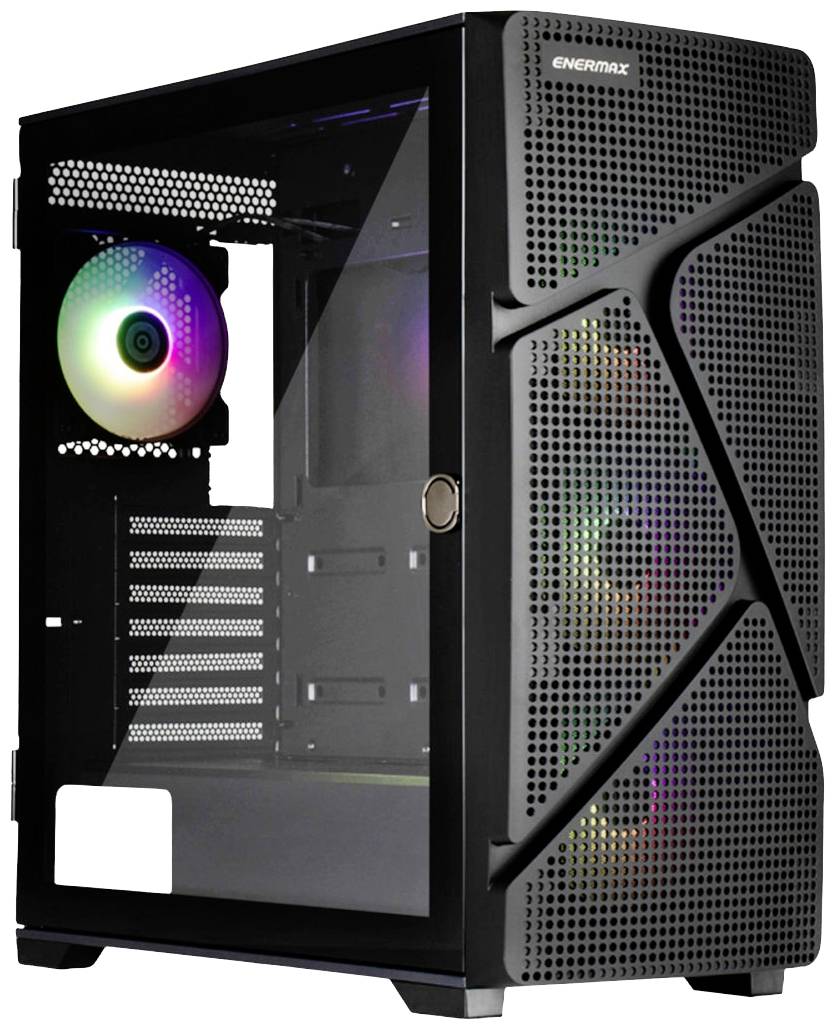 Gaming-pc-behuizing met transparant zijpaneel en LED-verlichte ventilator. Het design is modern en hoekig, perfect voor gamers.