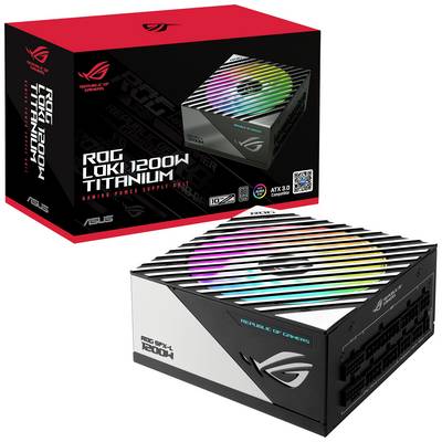 'ROG Loki 1200W Titanium' voeding van ASUS met RGB-verlichting op de verpakking en het apparaat. Geschikt voor gaming-pc's.
