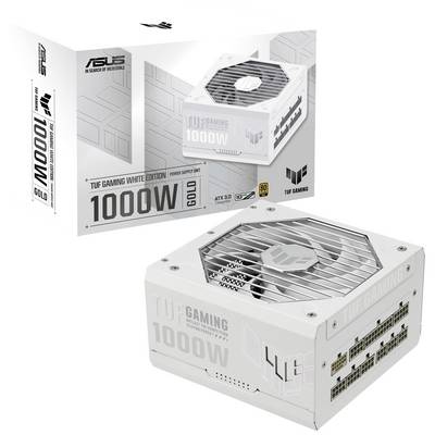 De afbeelding toont een 1000W-voeding van ASUS in de TUF Gaming White Edition. Het is gecertificeerd met 80 Plus Gold en uitgevoerd in het wit.