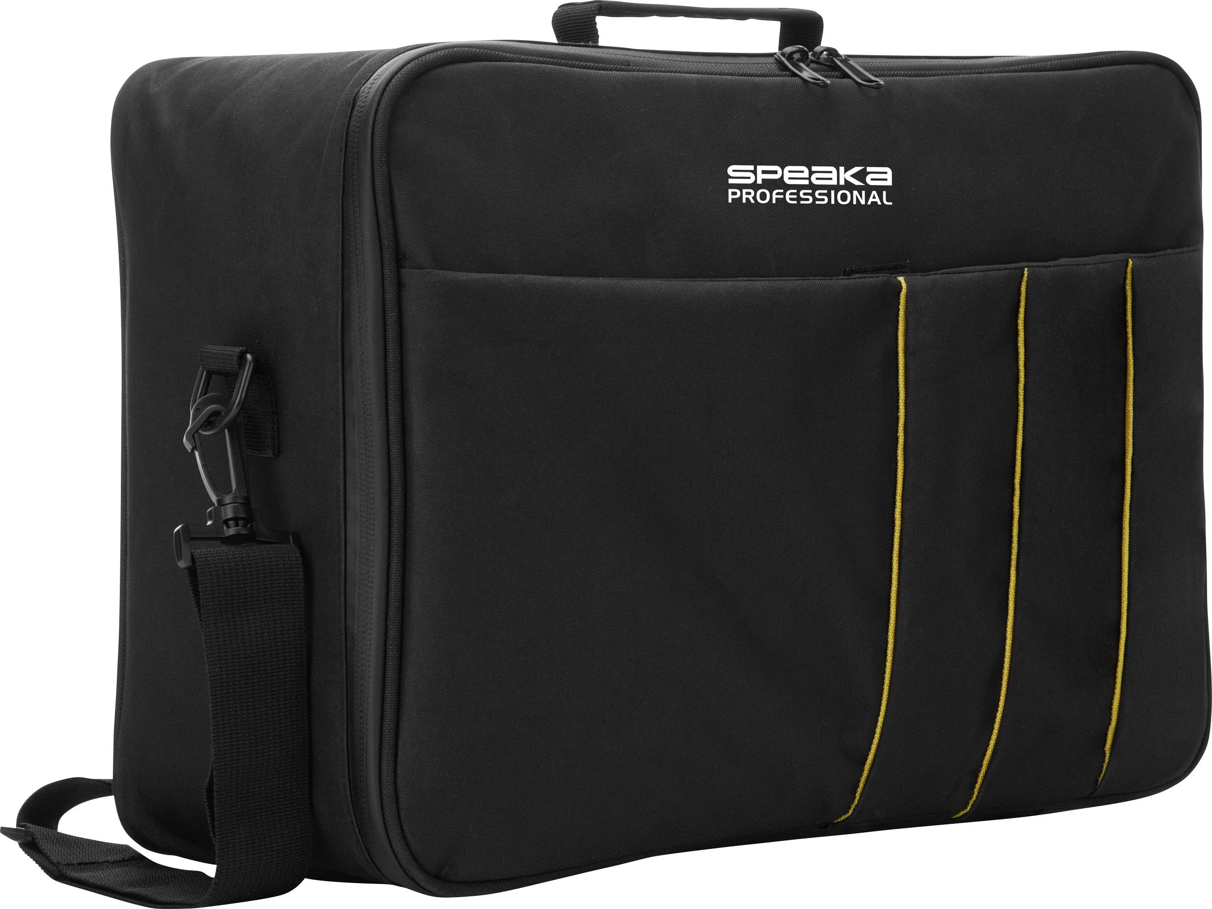 Een zwarte transporttas met opdruk 'Speaka Professional', gele strepen en een schouderband aan de linkerkant.