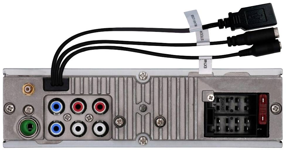 Achterkant van een autoradio met verschillende aansluitingsmogelijkheden, waaronder RCA-aansluitingen, stroomaansluiting en USB-kabel.