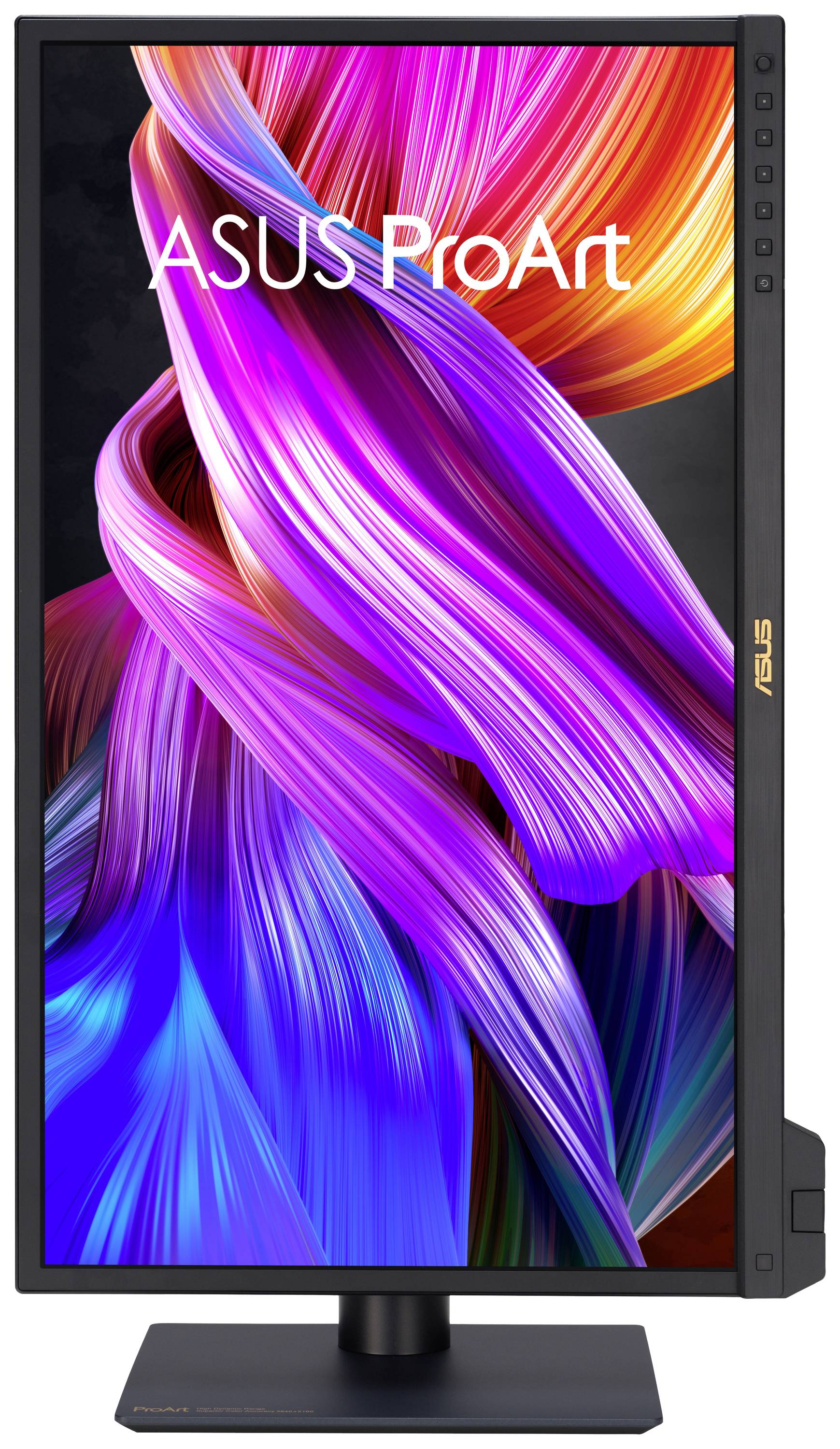 Een ASUS ProArt-monitor in verticale stand toont levendige, abstracte kleurstrepen in roze, paars en blauw.